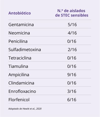 Tabla 2. Resistencia frecuente a diversos antibióticos, incluidos algunos empleados en el control de E. coli.